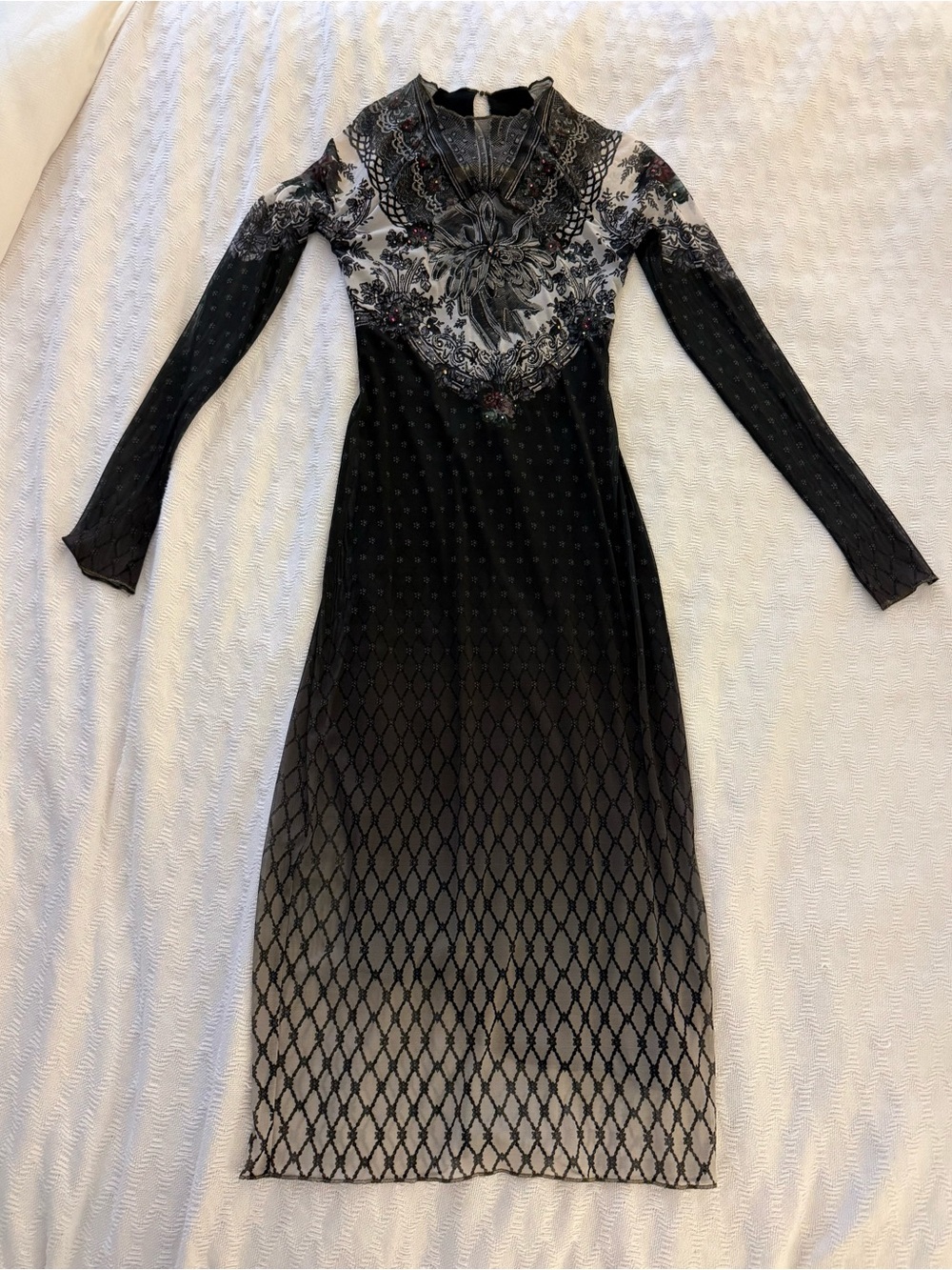 Michal Negrin Long Sleeve Black Floral-Accent Midi Dress